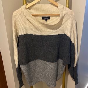 Long sleeve cowl neck sweater, or off the shoulder, tri-colored